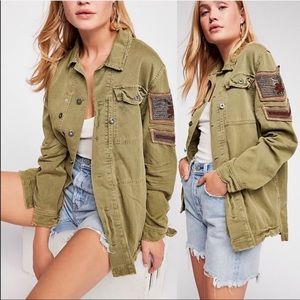 Free People Embellished Military Shirt Jacket Army Green